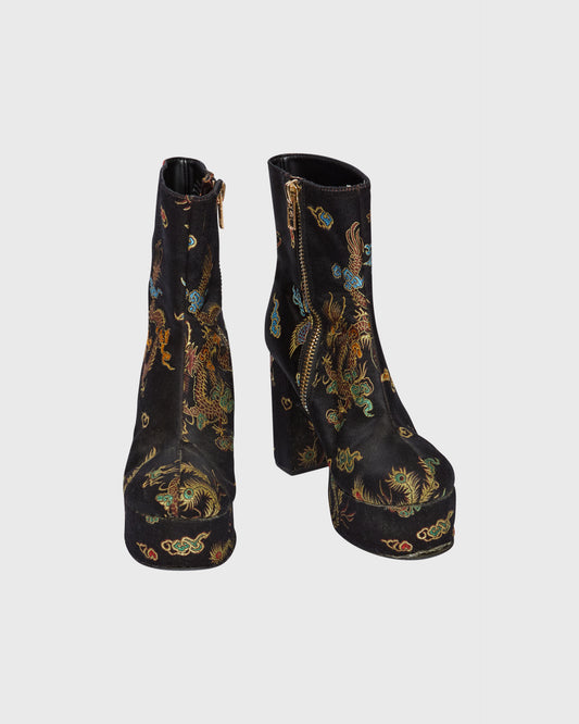 Current Mood Satin Chinese dragon chunky boots