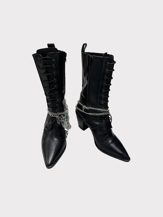 Office Chunky lace up booties with chains and gems