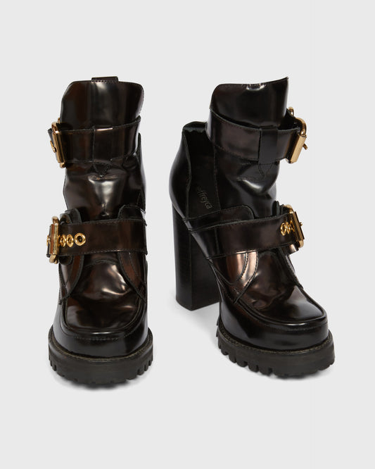 Jeffrey Campbell Gold buckle high heeled ankle boot