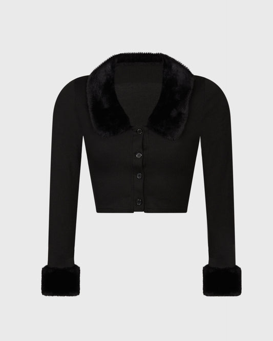 Unbranded Ribbed Cardigan with Faux Fur Collar And Cuffs
