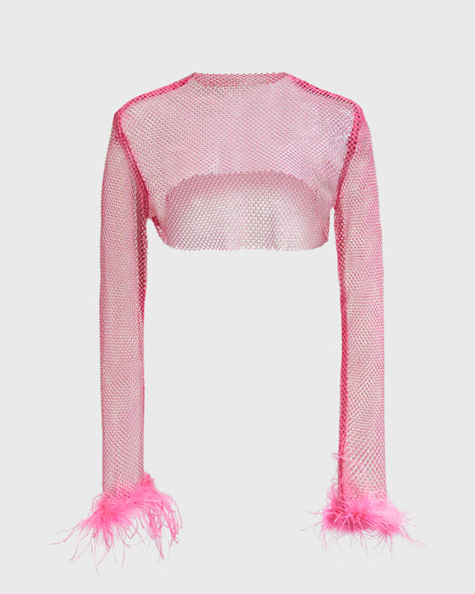 Unbranded Rhinestone Net Crop Top with Feathers