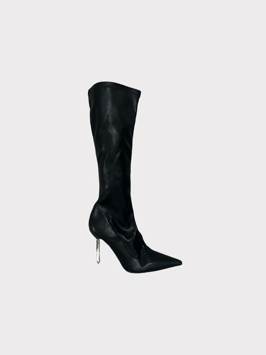 Lamara Fabric Pull On Calf Boots with Metal Heel