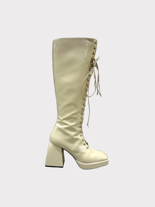 Nodaleto Knee High Block Heel Lace Up Boots