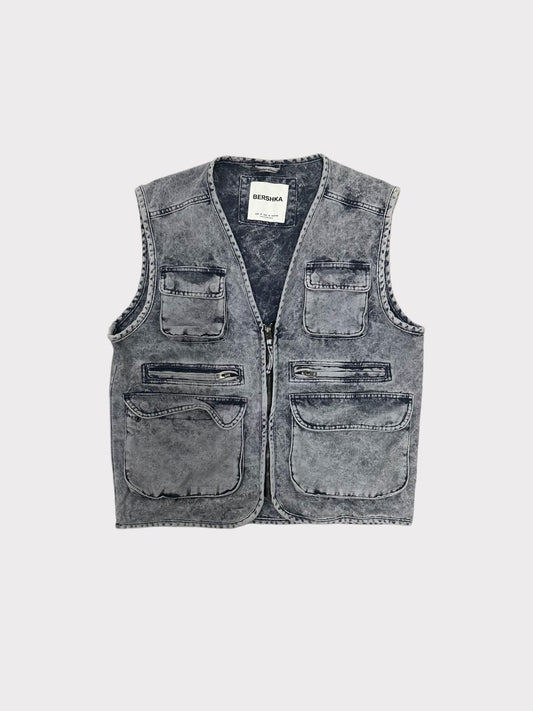 Bershka Washed Denim Gilet With Pockets