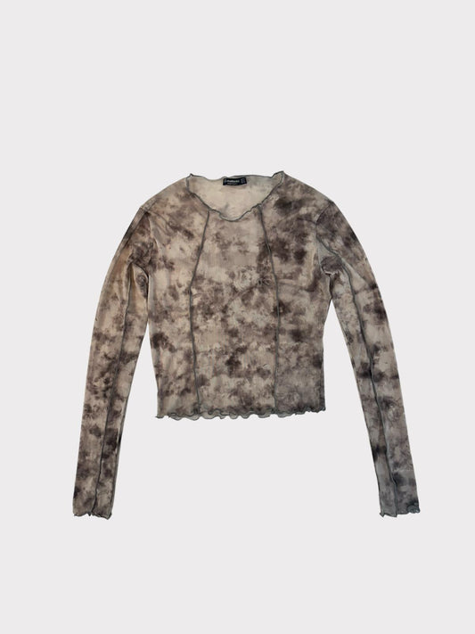 Stradivarius Marble Print Long Sleeve Cropped Mesh Top