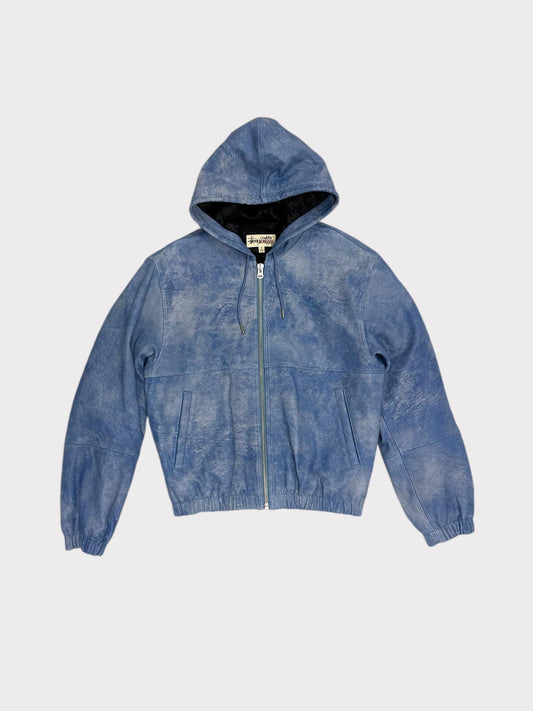 Stussy Workwear Leather Hooded Blue Bomber Jacket