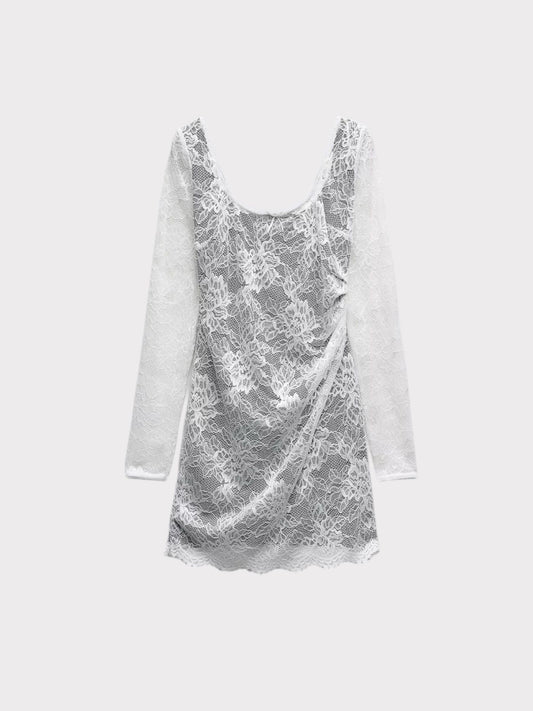 Zara Ruched Lace Mini Dress with Long Sleeves
