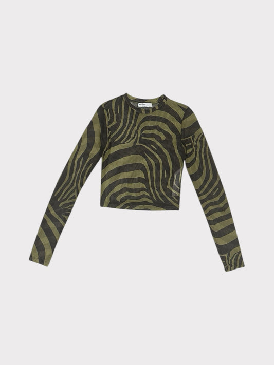 Bershka Black & Green Print Mesh Top