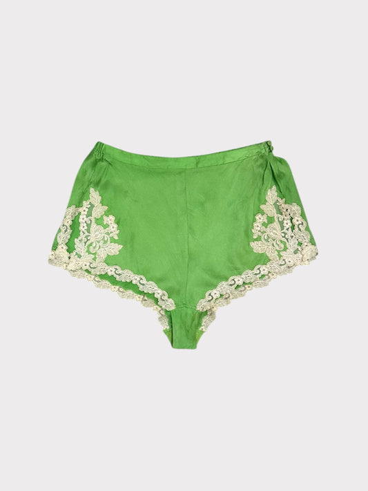 Vintage Green Silk Shorts with Lace Detail